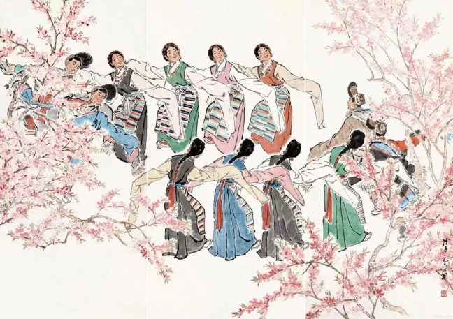 葉淺予高原之春紙本設(shè)色211cm×98cm、211cm×105cm、211cm×98cm1964年